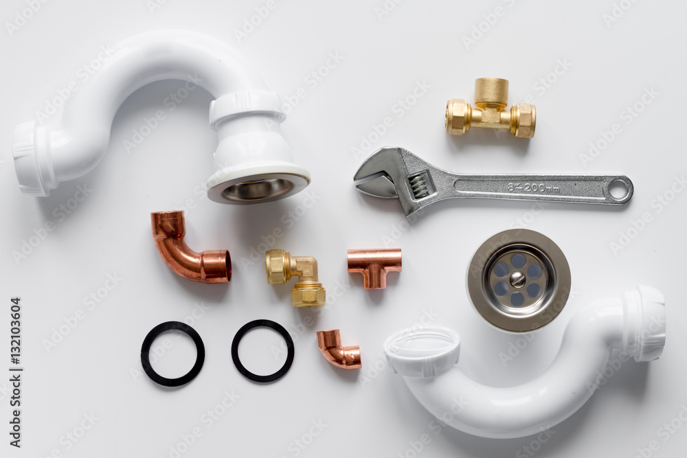 concept plumbing work top view on white background