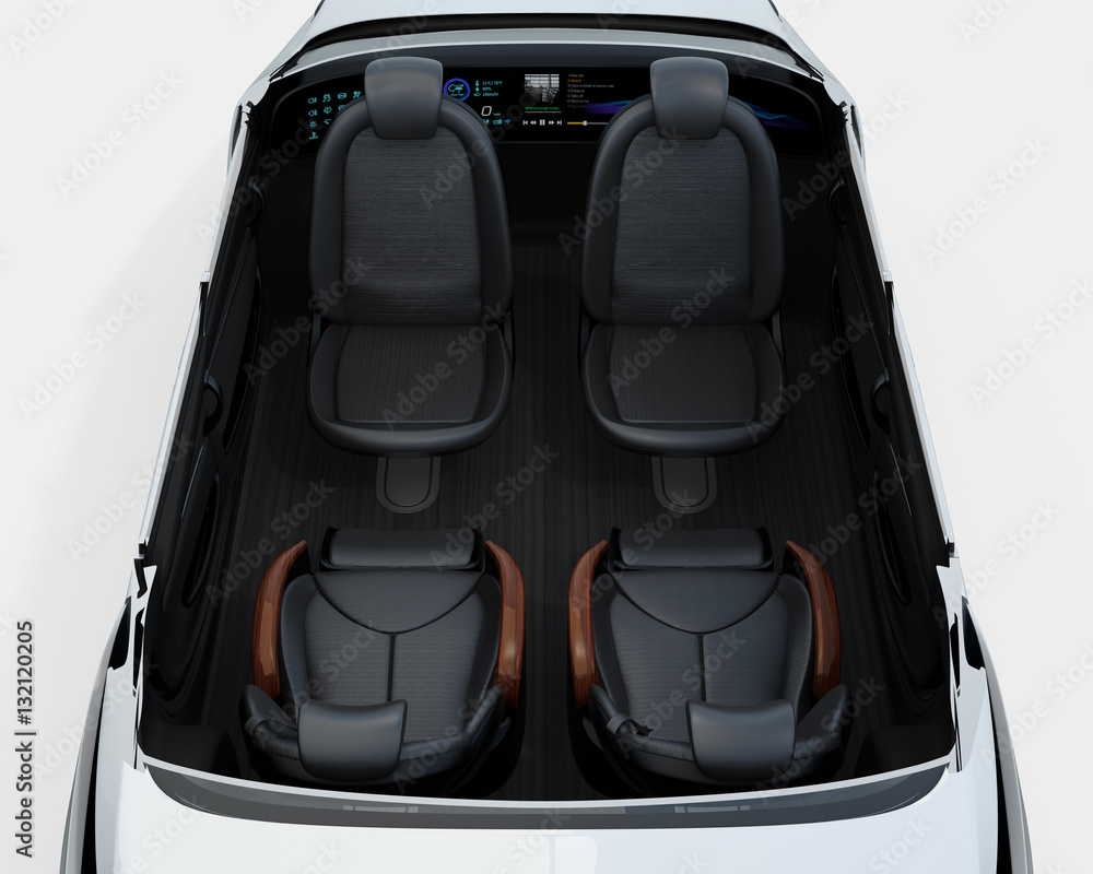 Self-driving car cutaway image. Front seats turn to backward, and the rear seats have gorgeous recli