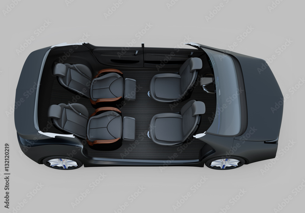 Self-driving car cutaway image. Right doors opened and front seats turned backward in meeting mode. 