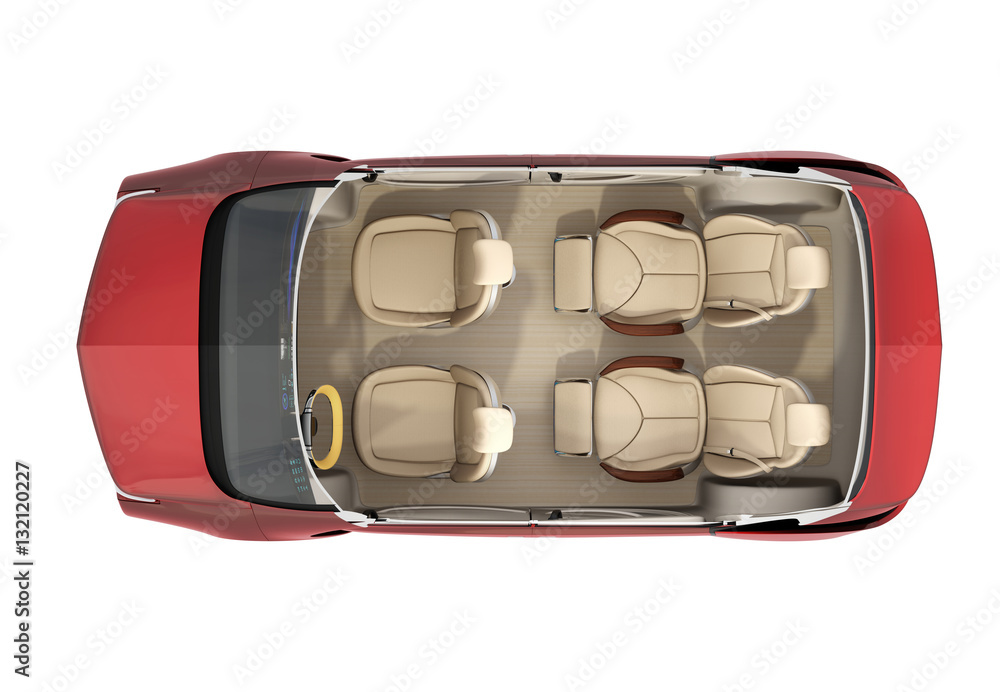 Top view of autonomous car cutaway image. Front seats turn to backward, and the rear seats have gorg