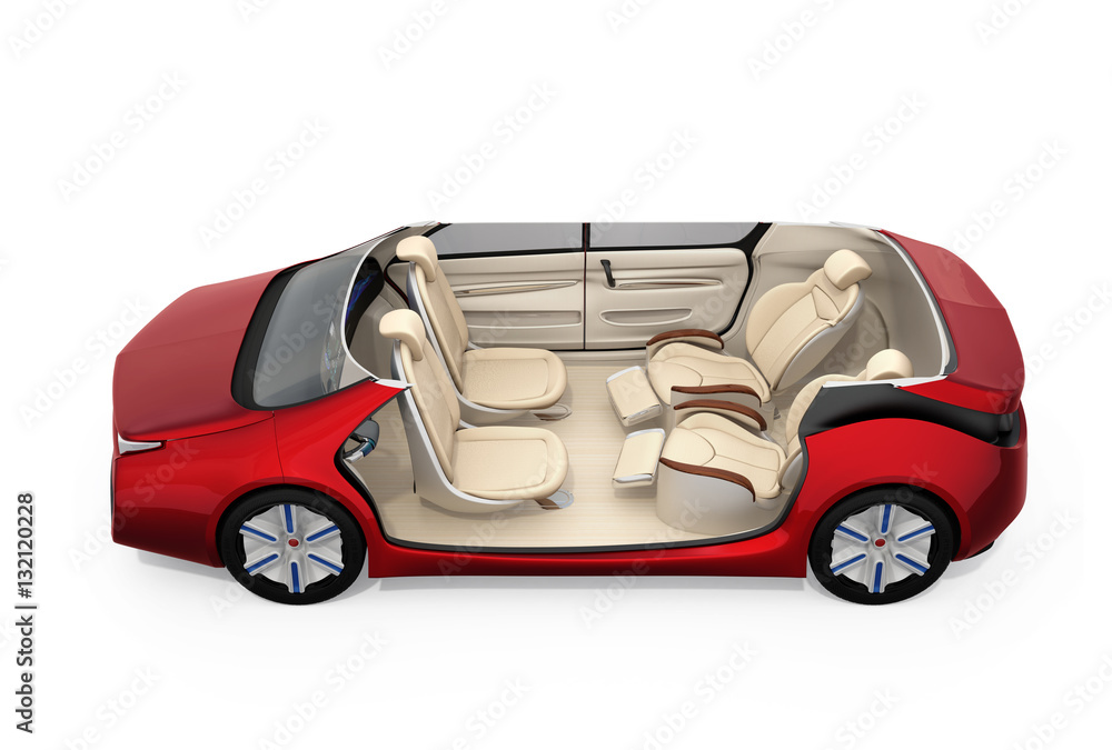 Self-driving car cutaway image. Left doors opened and front seats turned backward in meeting mode. T