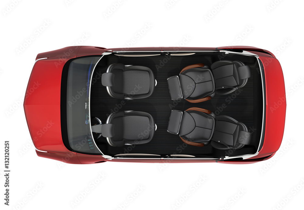 Top view of autonomous car cutaway image. Front seats turn to backward, and the rear seats have gorg