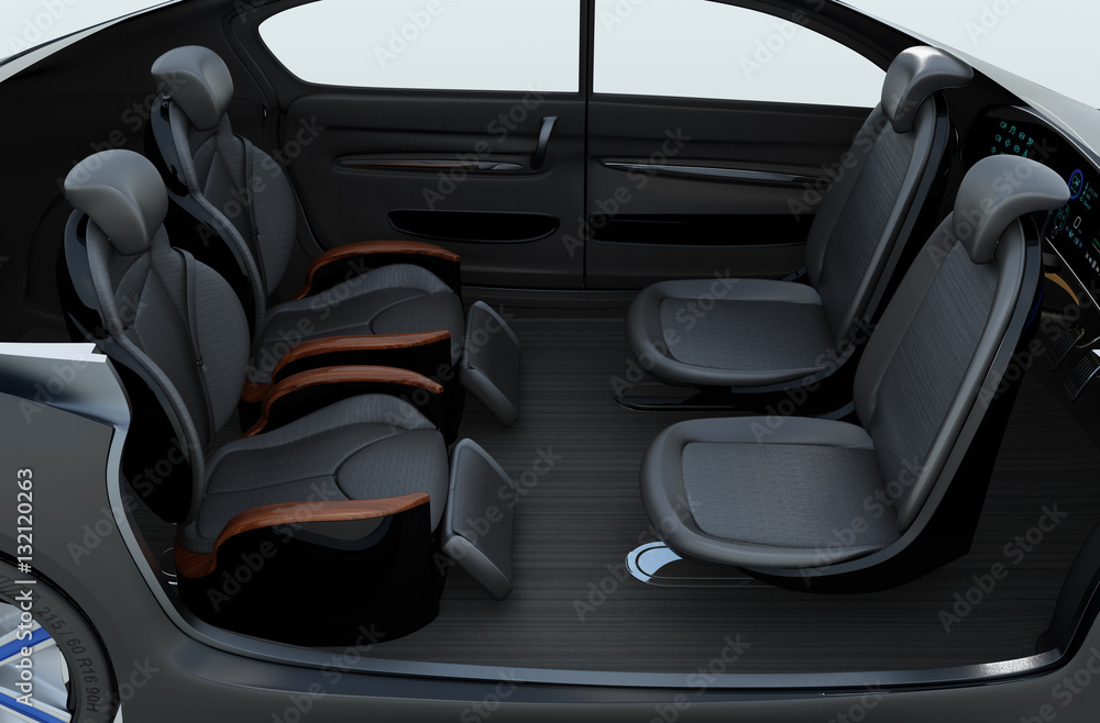 Business meeting seats layout in autonomous car. Front seats turn to backward, and the rear seats h