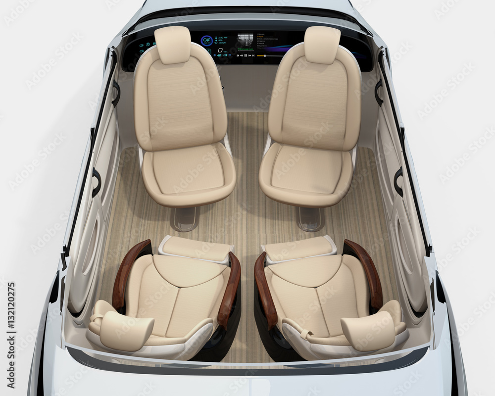 Rear view of self-driving car cutaway image. Front seats turn to backward, and the rear seats have g