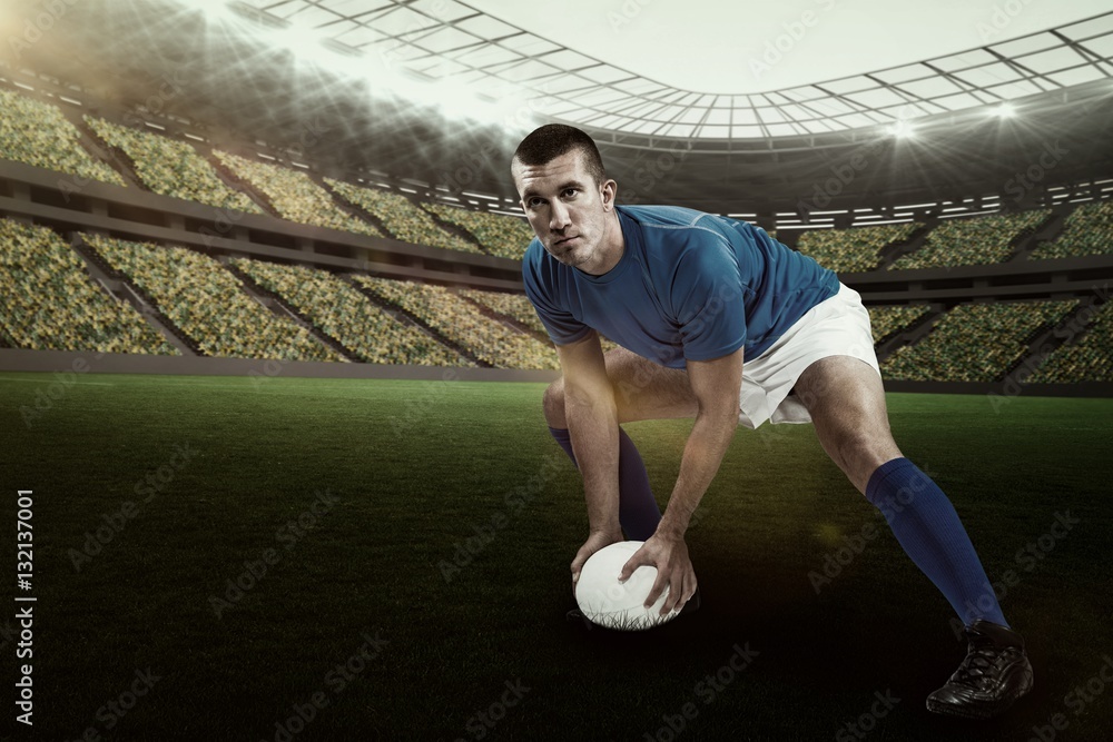 Composite image of confident rugby player playing with 3d 