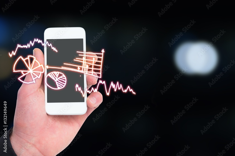 Composite image of hand of businessman holding smart phones 3d