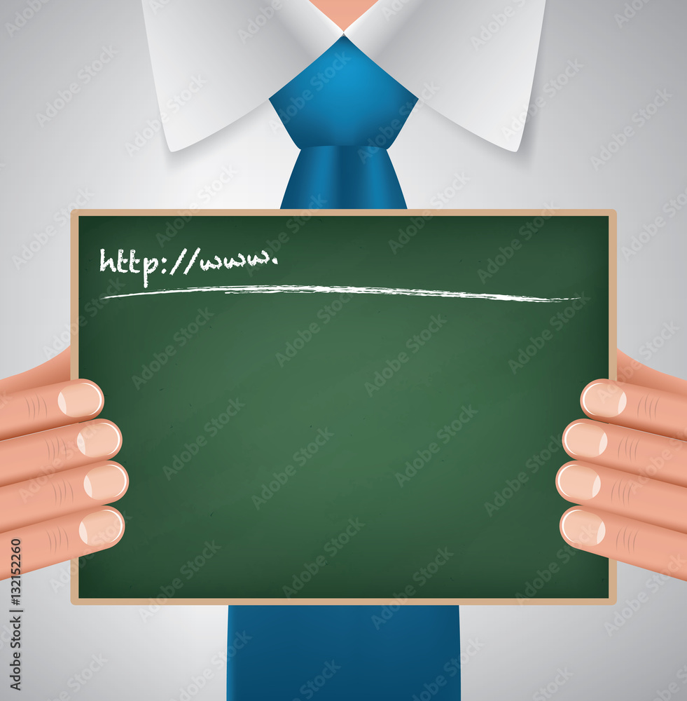 Businessman holding blackboard vector, signboard close up