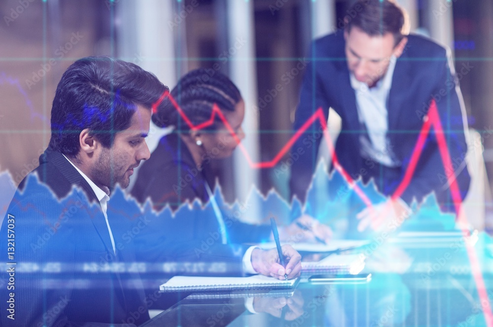 Composite image of financial chart with graph and arrows