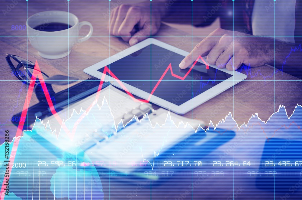 Composite image of financial chart with graph and arrows