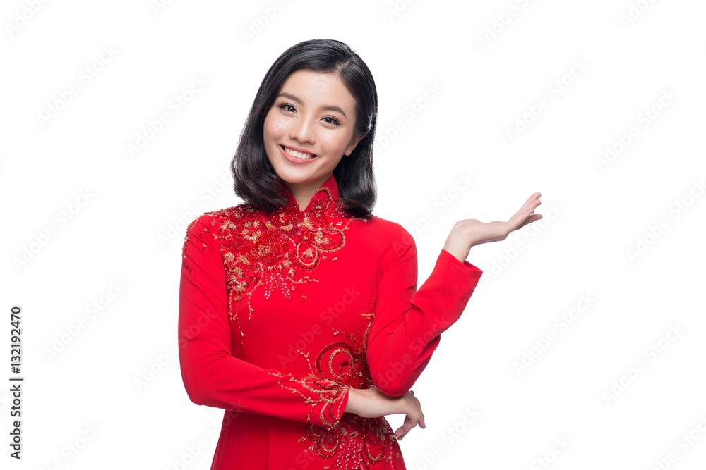 Smile Vietnamese woman in dress traditional Ao Dai and introduce