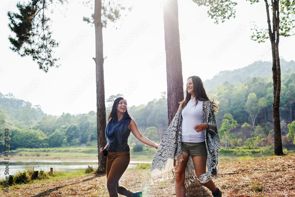 Girls Friends Exploring Outdoors Nature Concept