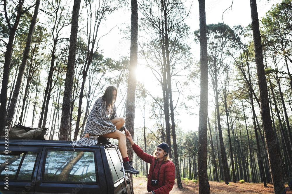 Forest Car Boyfriend Girlfriend Helping Concept