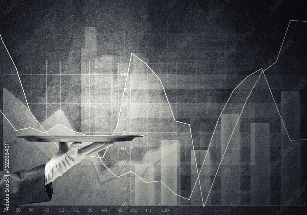 Waiter hand in white glove presenting empty tray and dynamics of diagram at background