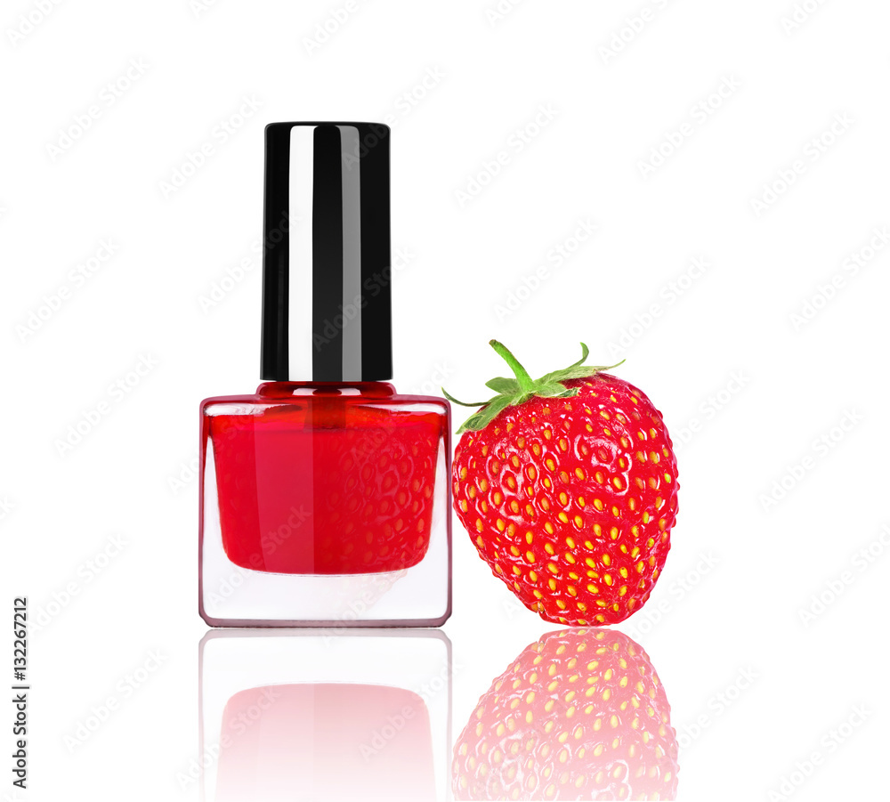 bright nail polish with berry strawberry isolated on white backg