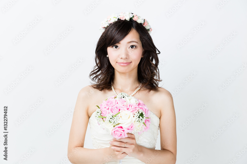 attractive asian woman wedding image on white background