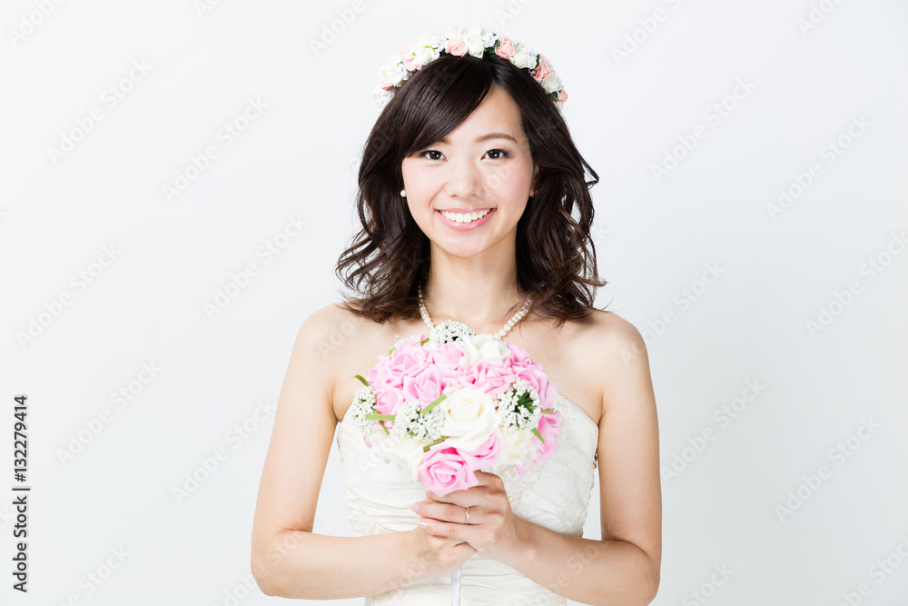 attractive asian woman wedding image on white background