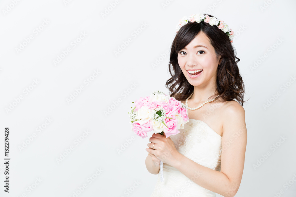 attractive asian woman wedding image on white background