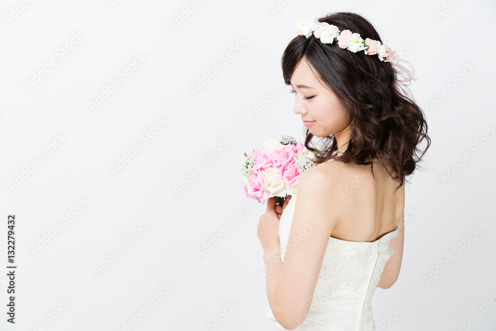 attractive asian woman wedding image on white background