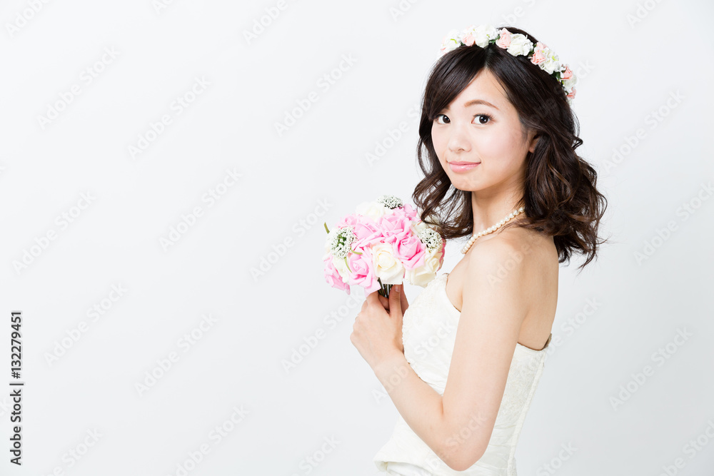 attractive asian woman wedding image on white background