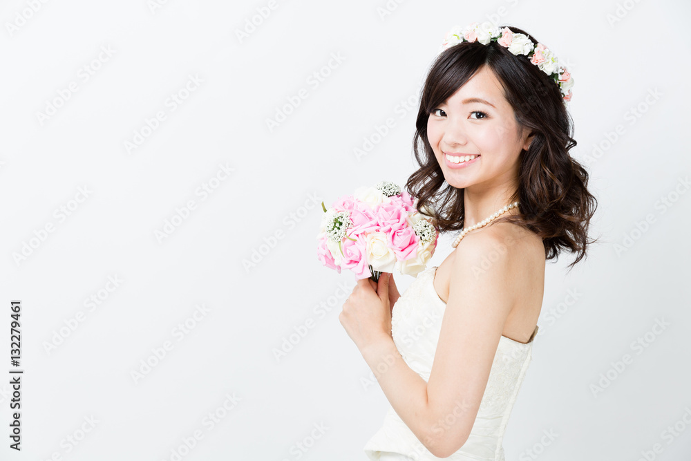 attractive asian woman wedding image on white background