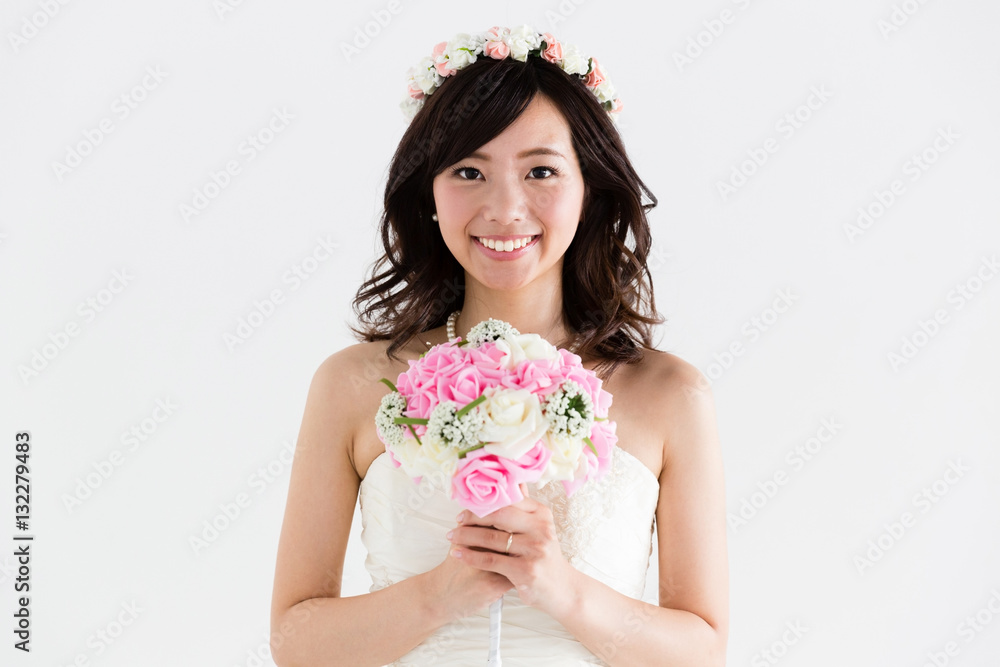 attractive asian woman wedding image on white background