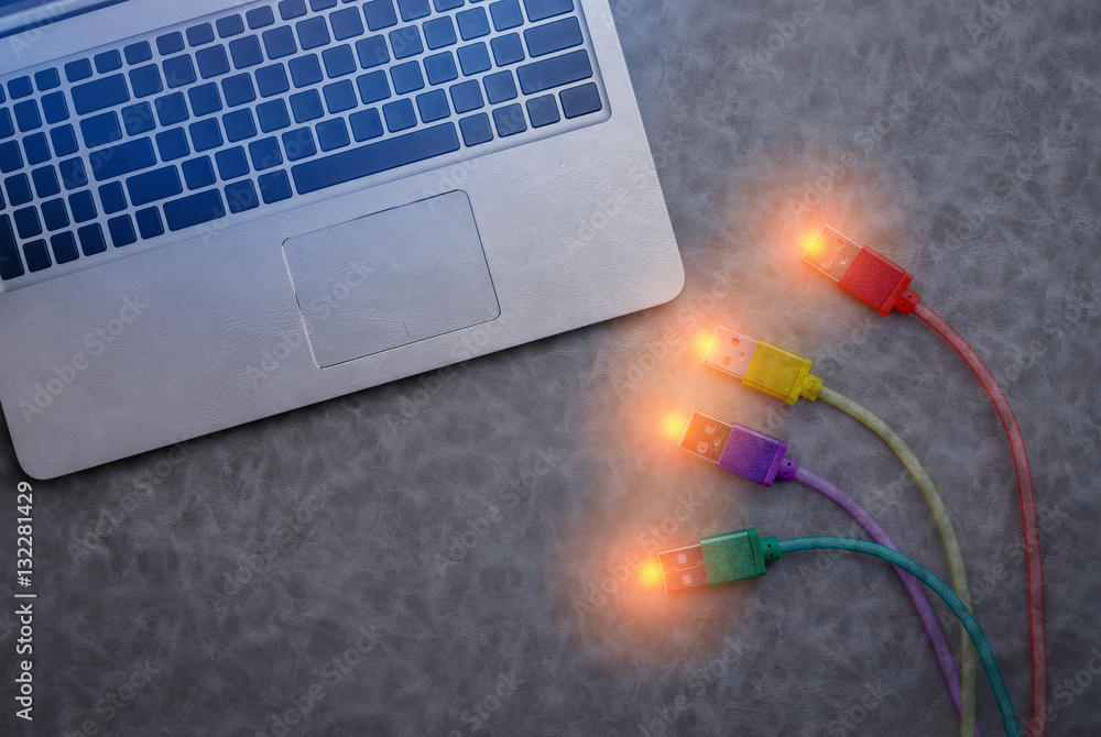 colorful usb cable and laptop on grey background with free copys