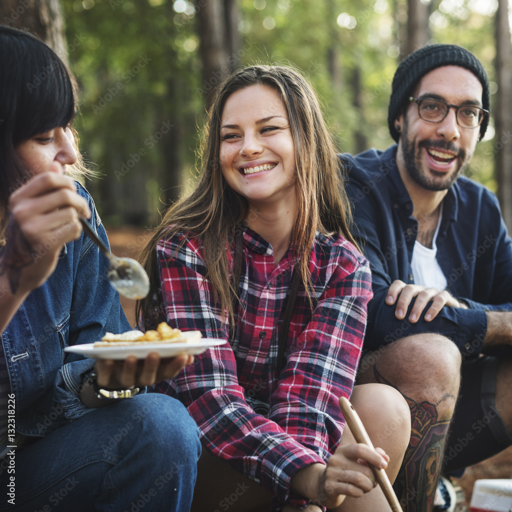 Young Adult Eating Cooking Camping Concept