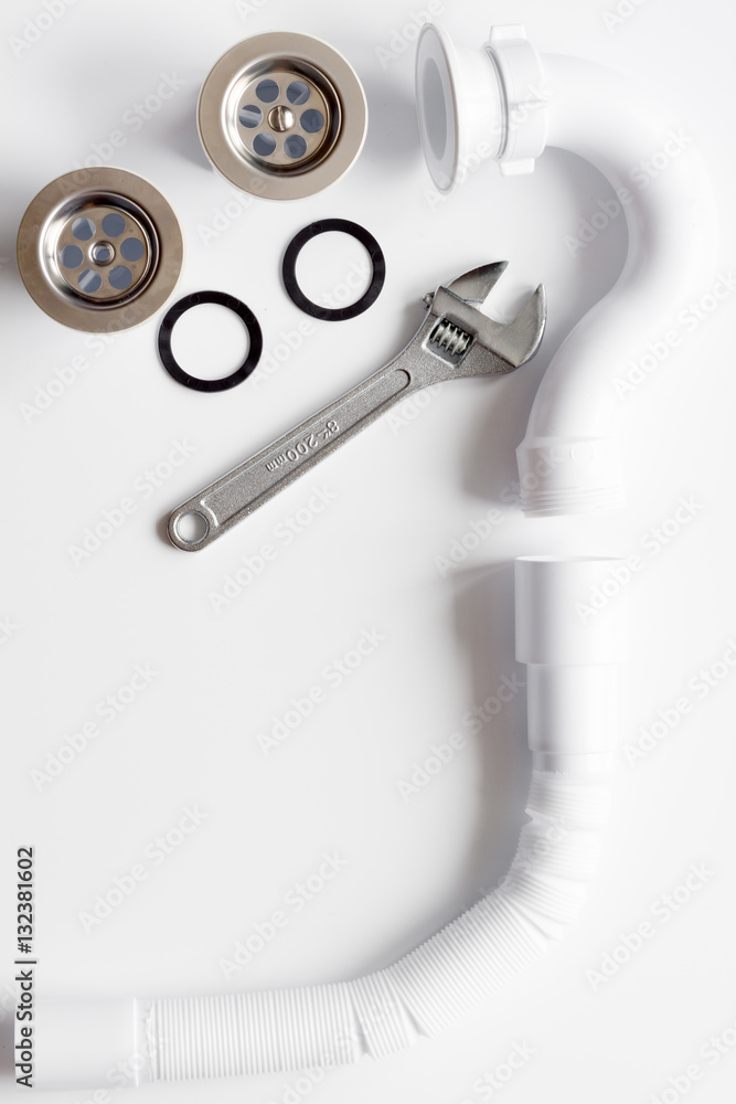 concept plumbing work top view on white background