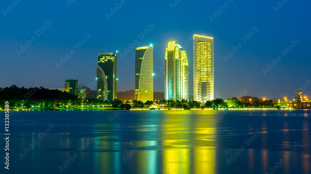 dawn at Putrajaya Lakeside with modern building ,long exposure.