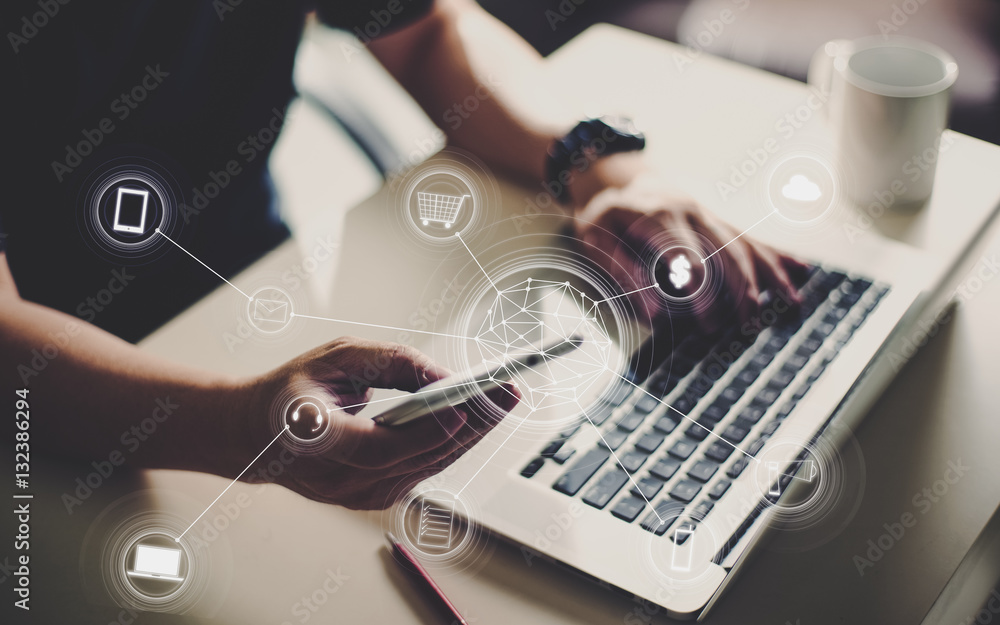 Man holding smart phone making online shopping and banking payment. Blurred background .