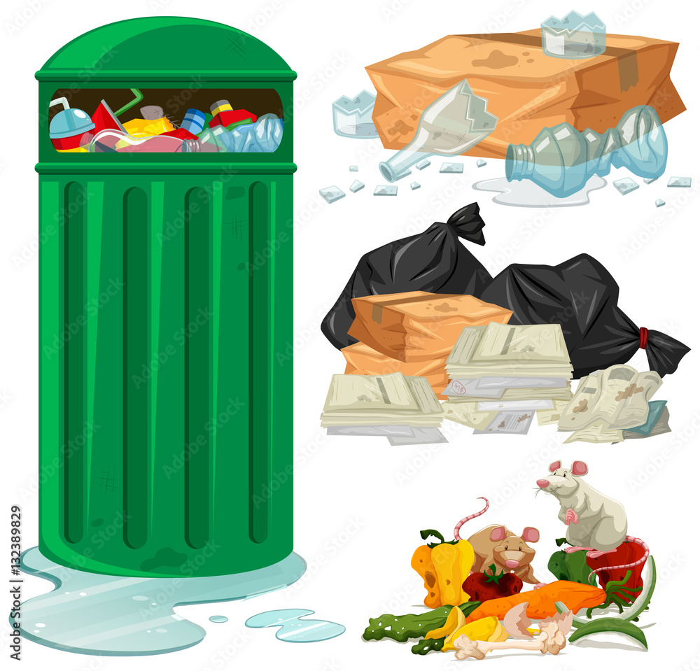 Trashcan and different types of trash