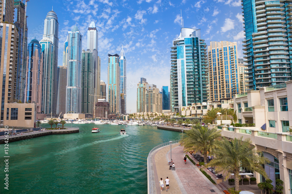 Promenade and canal in Dubai Marina with luxury skyscrapers around,United Arab Emirates