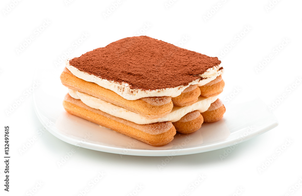 Tiramisu on white plate isolated. Clipping path.