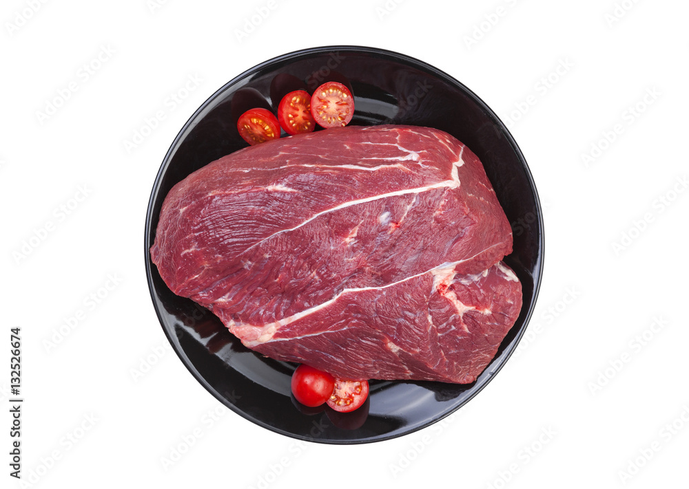 Piece of raw beef isolated on white background, top view