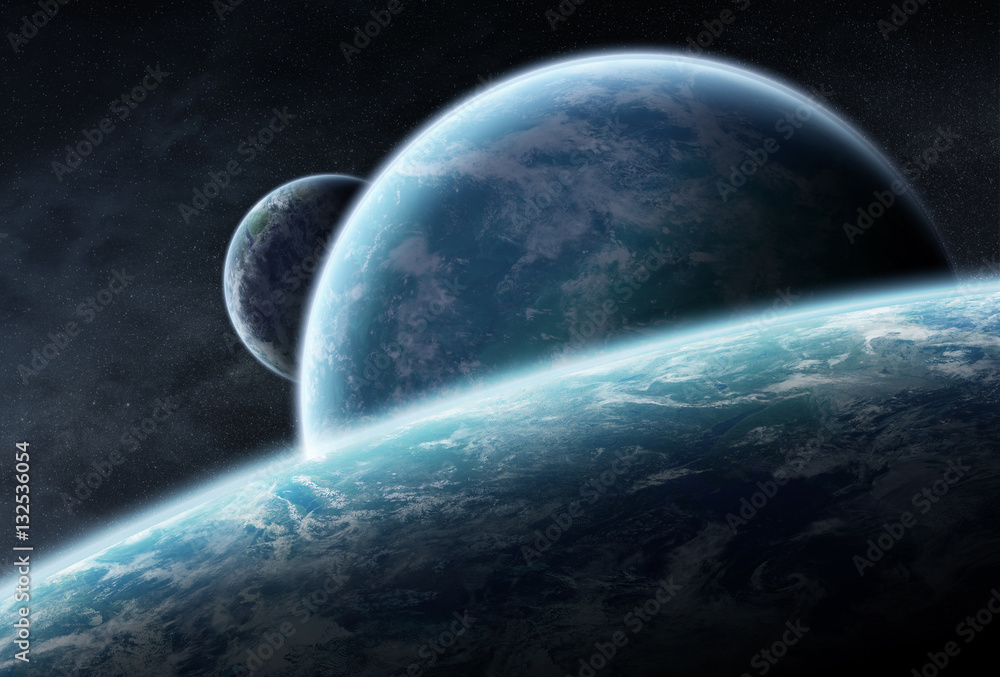 Distant planet system in space 3D rendering