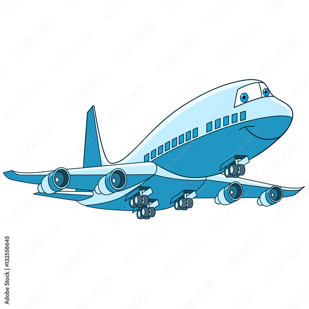 Cartoon flying plane transport. Passenger aircraft (airliner), isolated on white background. Childis