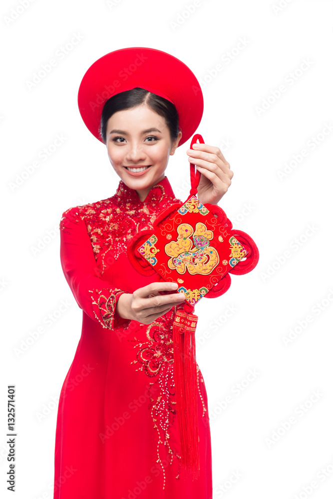 Portrait of a beautiful Asian woman on traditional festival costume.