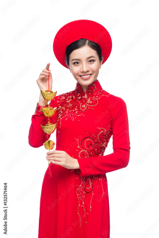 Portrait of a beautiful Asian woman on traditional festival costume.