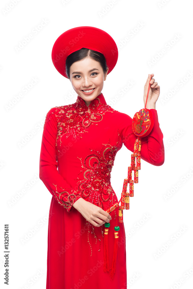 Portrait of a beautiful Asian woman on traditional festival costume.