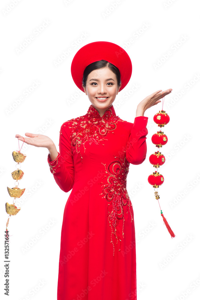 Portrait of a beautiful Asian woman on traditional festival costume.