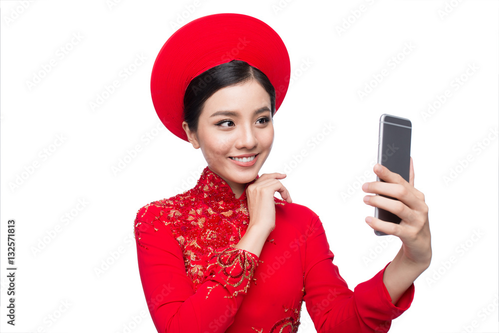 Portrait of a beautiful Asian woman on traditional festival costume.