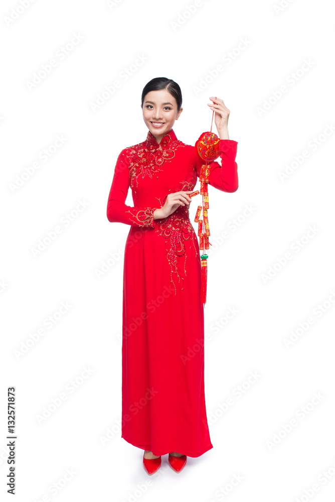 Full length of a beautiful Asian woman on traditional festival costume.