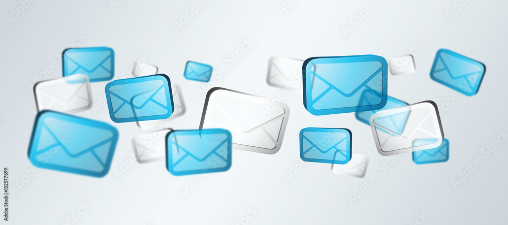 Numerous white and blue email icons flying 3D rendering’