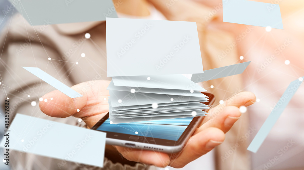 Businessman holding floating business card 3D rendering