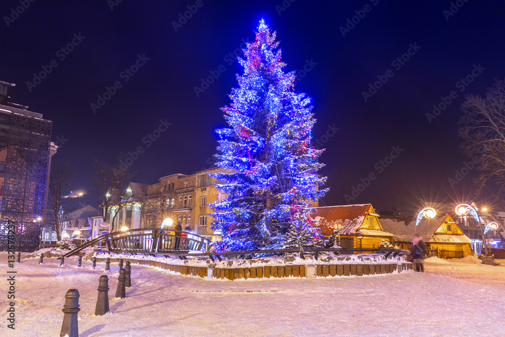 Beautiful Christmas tree at Krupowki street in Zakopane, Poland