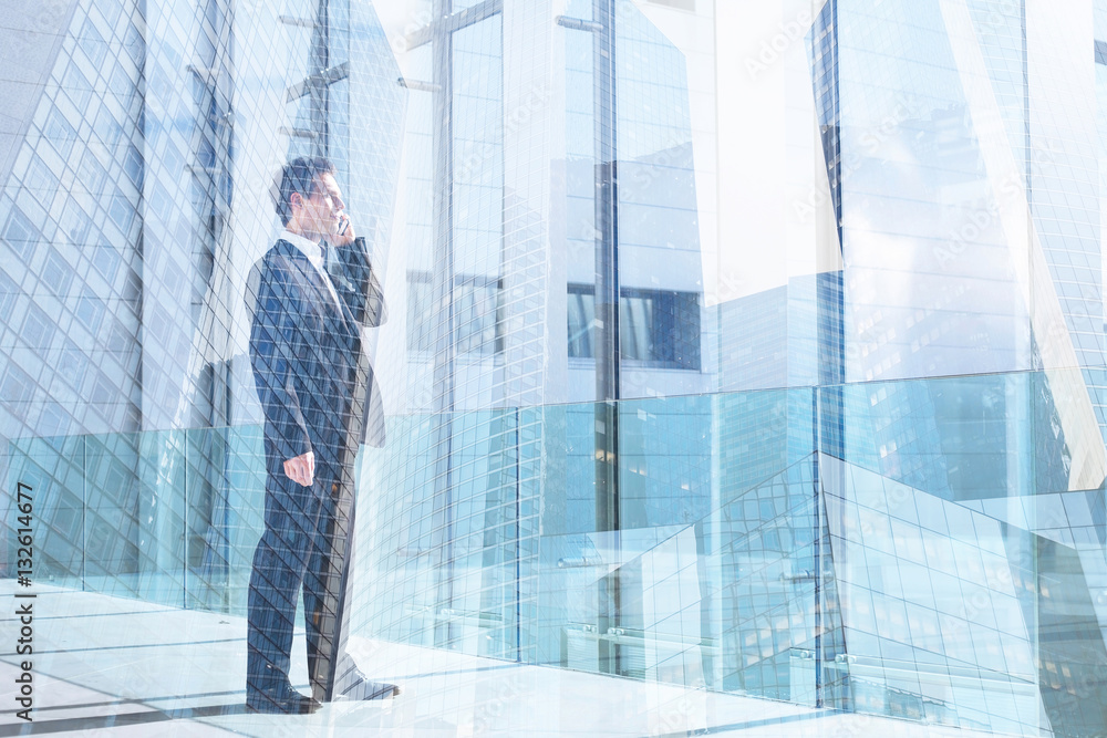 business man talking by mobile phone in the office, communication or success concept double exposure