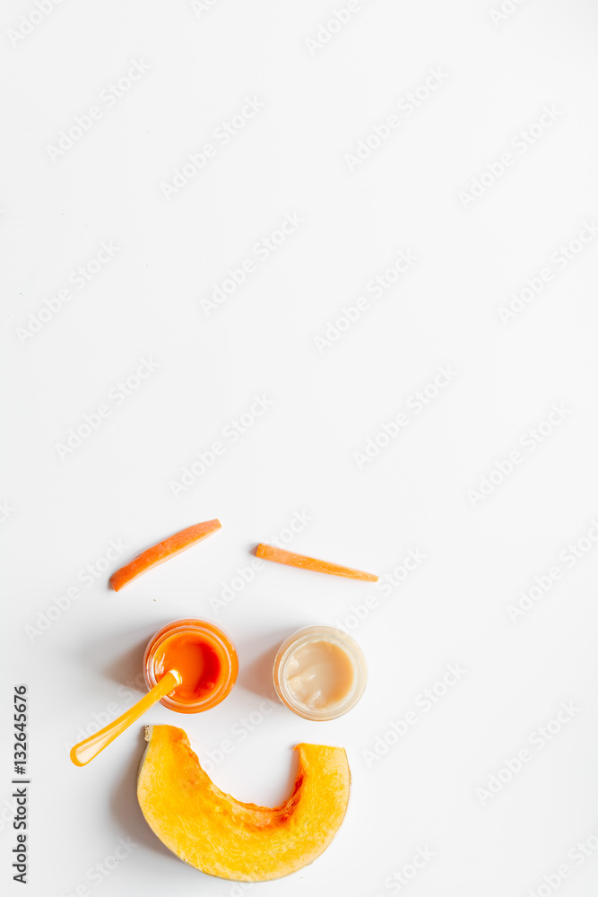 cooking vegetable puree for baby on white background top view