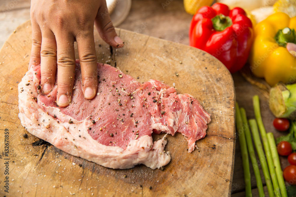 Fresh meat and raw meat for steaks. Hand mix.