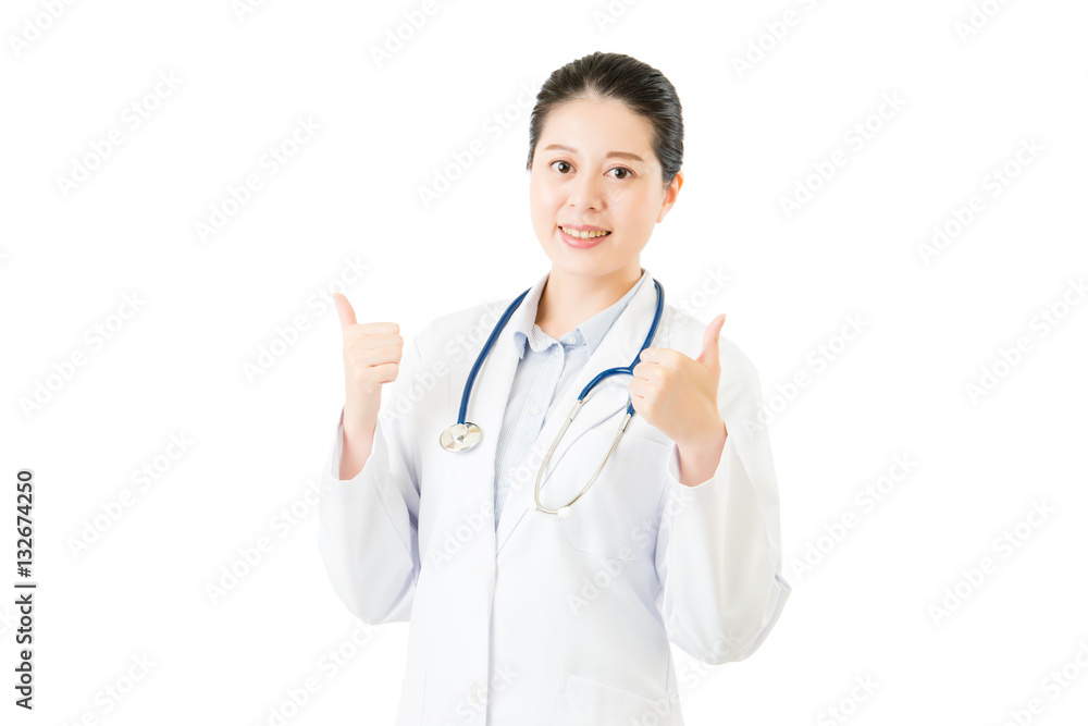 Smiling asian doctor woman with stethoscope show thumb up