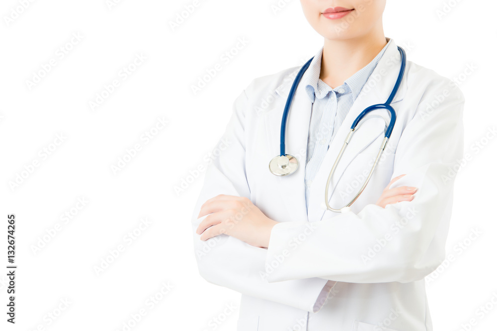 Smiling asian woman doctor with stethoscope cross arms